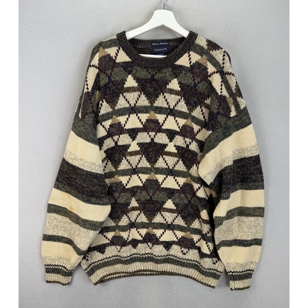 Vintage‎ Gant Hand Intarsia Argyle Pattern Knitted Grandpa Sweater Men's Sz XL